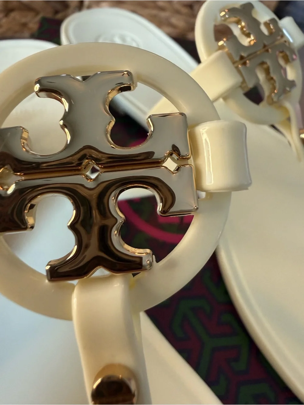 Tory Burch White Miller Logo Thong Sandals with Gold Medallion